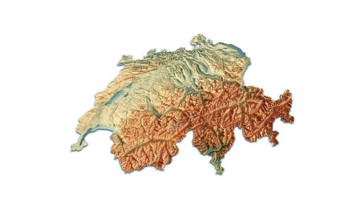 Gefahrenkarte der Schweiz mit farblich markierten Zonen für Naturgefahren wie Hochwasser, Lawinen, Rutschungen und Steinschlag.