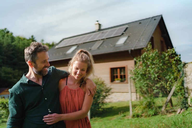 Paar mit Eigenheim als Symbol für das Modernisierungskonzept "Königsweg e+". 