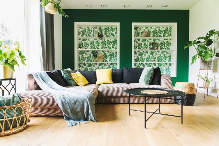 Un salon au style naturel, dans les tons verts