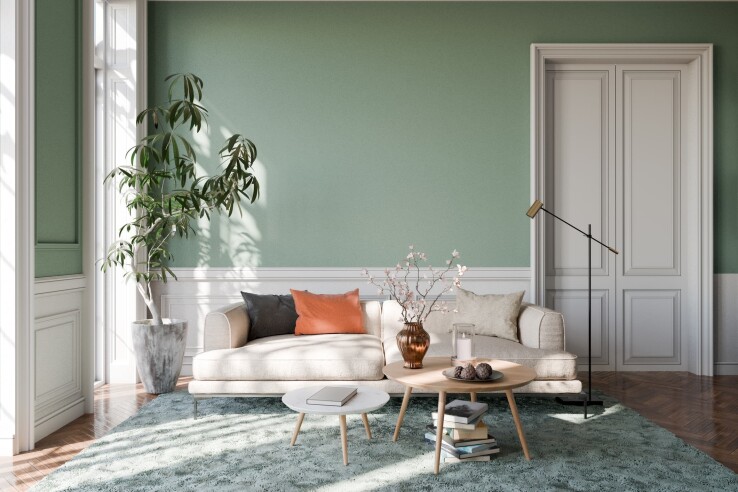 Un salon lumineux avec un mur vert pâle, un canapé clair et des touches de couleurs naturelles.
