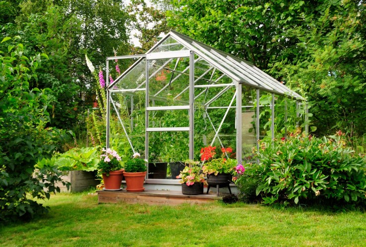 Une serre dans le jardin avec des plants de légumes et des plaques alvéolaires transparentes.