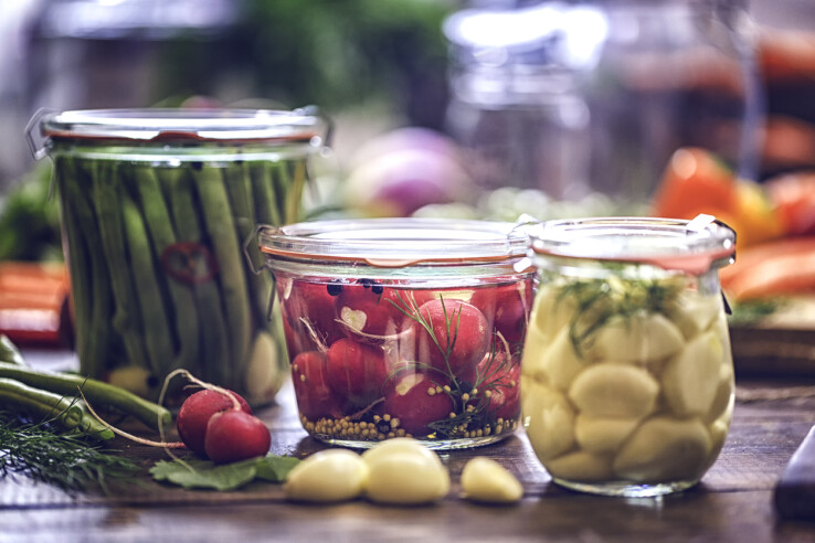 Des légumes et des fruits marinés dans des bocaux, pour illustrer différentes méthodes de conservation.
