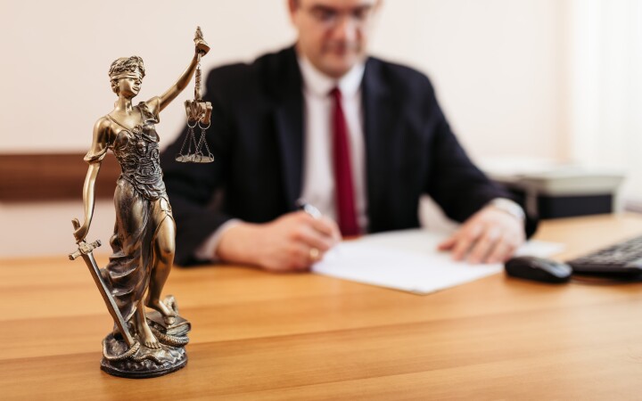 Justitia-Figur auf einem Schreibtisch vor einer Person, die Unterlagen zu einem Grundbuchauszug prüft.