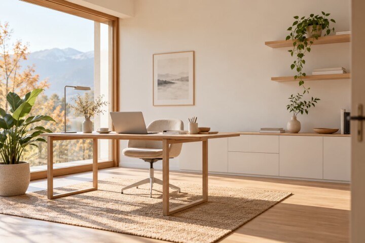 Minimalistisch eingerichtetes Homeoffice mit Schreibtisch, Laptop und Pflanzen vor einem grossen Fenster mit Blick auf die Berge.