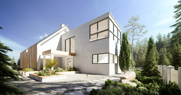 Maison individuelle moderne dotée de grandes fenêtres – image symbolique d'une ventilation contrôlée des pièces et d'un mode de vie économe en énergie.