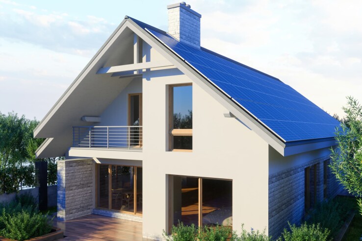 Rendu d'une maison individuelle certifiée Minergie équipée d'une installation photovoltaïque sur le toit.