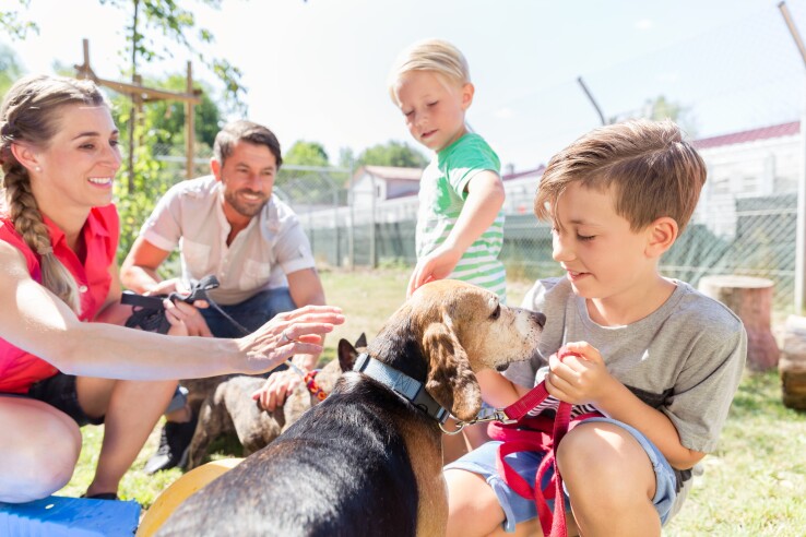 Une famille avec un chien dans son jardin s'informe sur les bonnes pratiques en matière de soins aux animaux de compagnie.